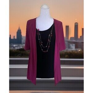Star Vixen Faux Twin Set Open Front Short Sleeve Blouse With Attached Necklace M